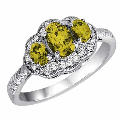 18K White Gold Oval Lemon Quartz and Diamond Ring with Decorated Shank