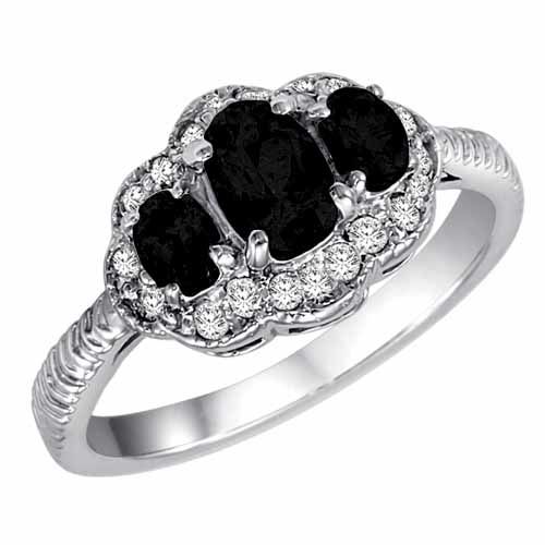 14K White Gold Oval Onyx and Diamond Ring with Decorated Shank