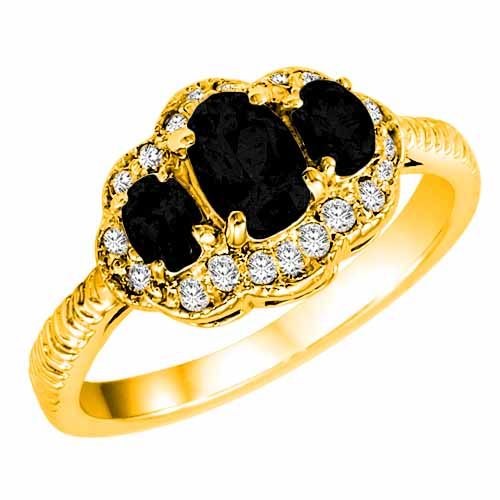 18K Yellow Gold Oval Onyx and Diamond Ring with Decorated Shank