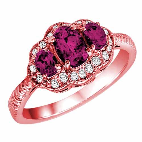 14K Rose Gold Oval Created Pink Topaz and Diamond Ring with Decorated Shank