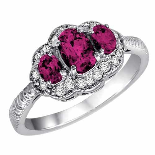 10K White Gold Oval Created Pink Topaz and Diamond Ring with Decorated Shank