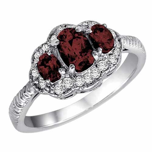 14K White Gold Oval Created Ruby and Diamond Ring with Decorated Shank