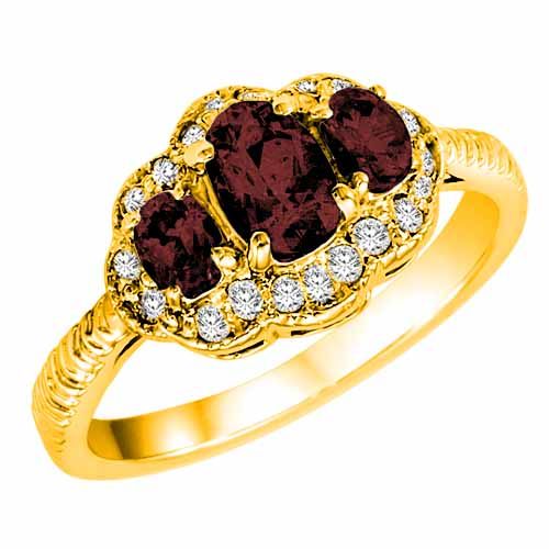 18K Yellow Gold Oval Created Ruby and Diamond Ring with Decorated Shank
