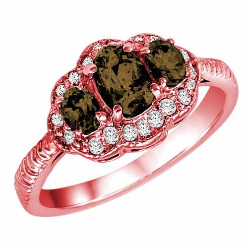 18K Rose Gold Oval Smoky Quartz and Diamond Ring with Decorated Shank
