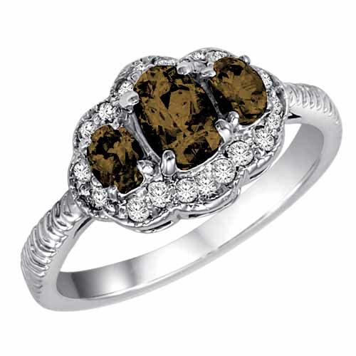 14K White Gold Oval Smoky Quartz and Diamond Ring with Decorated Shank