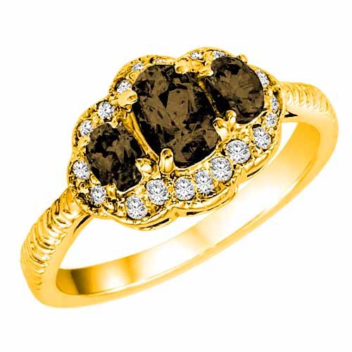 14K Yellow Gold Oval Smoky Quartz and Diamond Ring with Decorated Shank