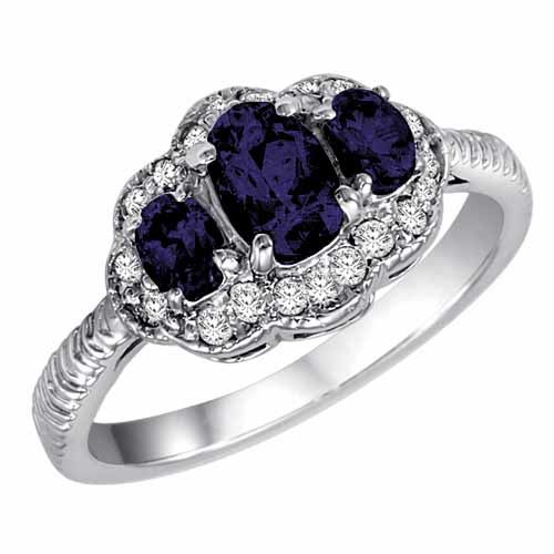 18K White Gold Oval Blue Sapphire and Diamond Ring with Decorated Shank