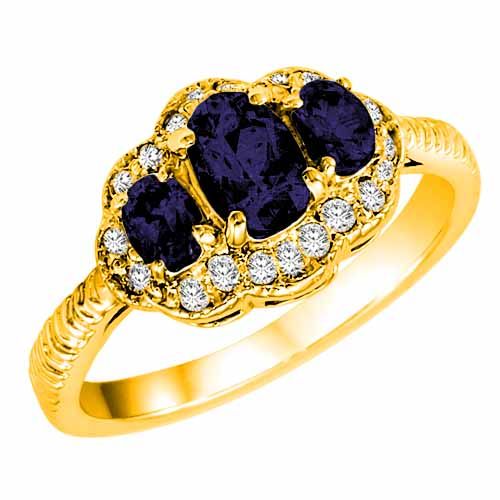 18K Yellow Gold Oval Blue Sapphire and Diamond Ring with Decorated Shank