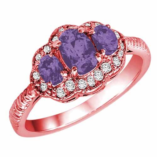 10K Rose Gold Oval Created Tanzanite and Diamond Ring with Decorated Shank