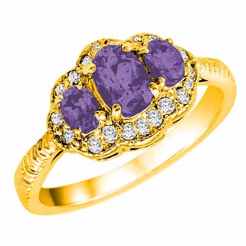 10K Yellow Gold Oval Created Tanzanite and Diamond Ring with Decorated Shank