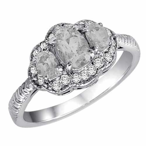 10K White Gold Oval White Quartz and Diamond Ring with Decorated Shank