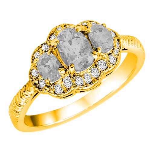 14K Yellow Gold Oval White Quartz and Diamond Ring with Decorated Shank