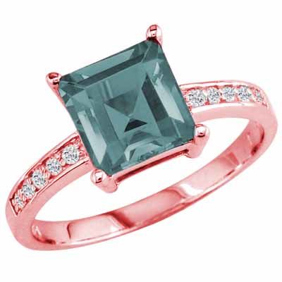 18K Rose Gold Square Aquamarine and Round Diamond Ring