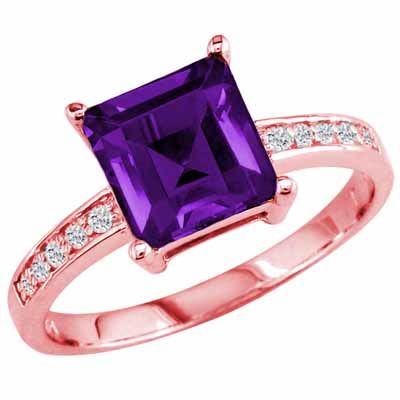14K Rose Gold Square Amethyst and Round Diamond Ring