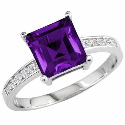 Platinum Square Amethyst and Round Diamond Ring