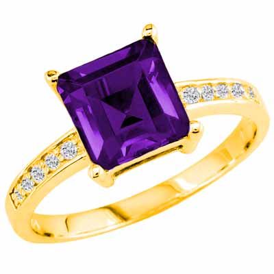 14K Yellow Gold Square Amethyst and Round Diamond Ring