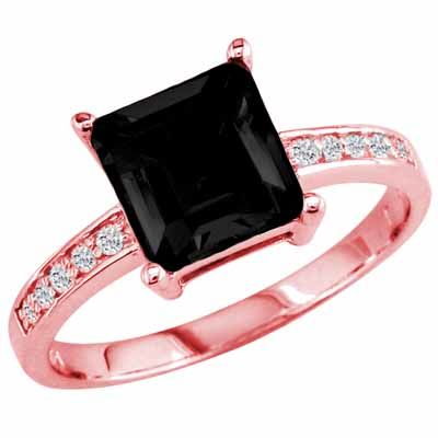 18K Rose Gold Square Created Black Diamond and Round Diamond Ring