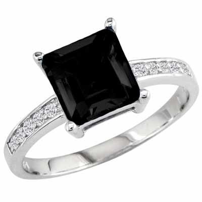 14K White Gold Square Created Black Diamond and Round Diamond Ring