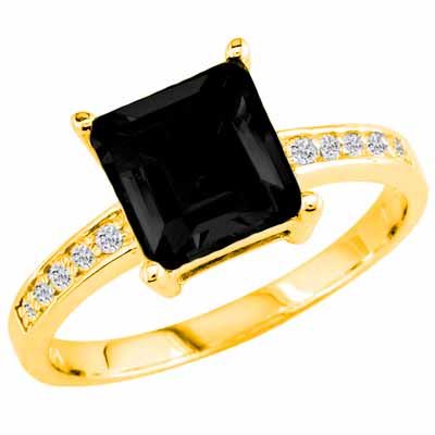 14K Yellow Gold Square Created Black Diamond and Round Diamond Ring
