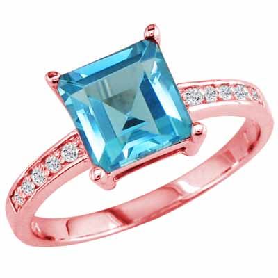10K Rose Gold Square Blue Topaz and Round Diamond Ring
