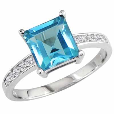 Sterling Silver Square Blue Topaz and Round Diamond Ring