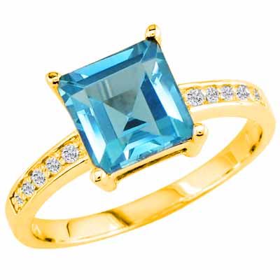 10K Yellow Gold Square Blue Topaz and Round Diamond Ring