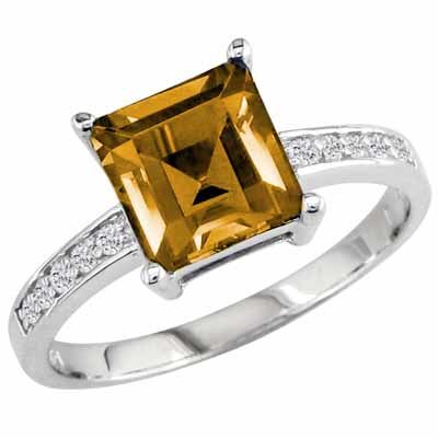 10K White Gold Square Citrine and Round Diamond Ring