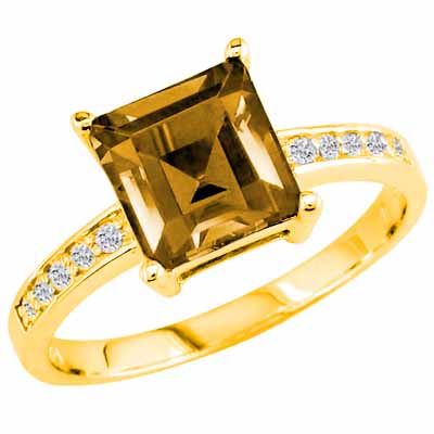 14K Yellow Gold Square Citrine and Round Diamond Ring