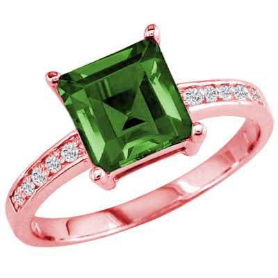 14K Rose Gold Square Created Emerald and Round Diamond Ring
