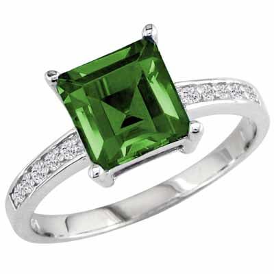18K White Gold Square Created Emerald and Round Diamond Ring