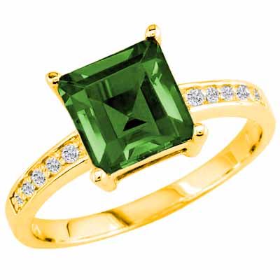 18K Yellow Gold Square Created Emerald and Round Diamond Ring