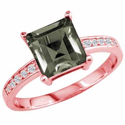 18K Rose Gold Square Green Amethyst and Round Diamond Ring