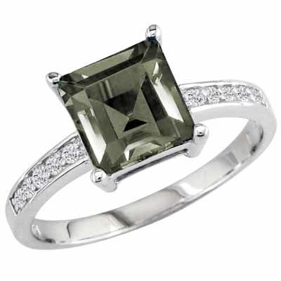 18K White Gold Square Green Amethyst and Round Diamond Ring