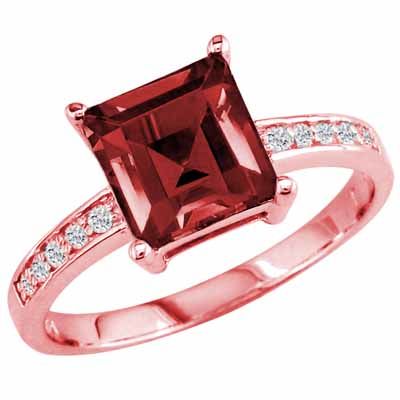 14K Rose Gold Square Garnet and Round Diamond Ring
