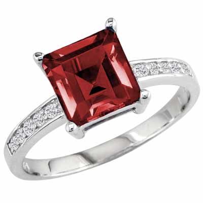 Platinum Square Garnet and Round Diamond Ring