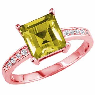 18K Rose Gold Square Lemon Quartz and Round Diamond Ring