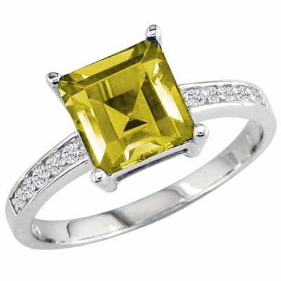 18K White Gold Square Lemon Quartz and Round Diamond Ring