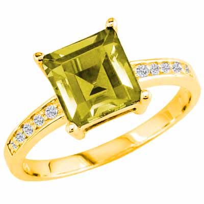 10K Yellow Gold Square Lemon Quartz and Round Diamond Ring