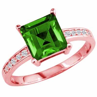 14K Rose Gold Square Peridot and Round Diamond Ring