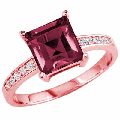 14K Rose Gold Square Created Pink Tourmaline and Round Diamond Ring