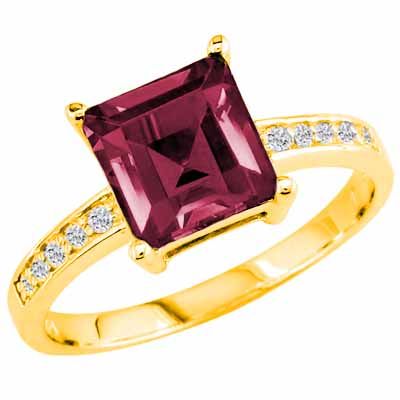 14K Yellow Gold Square Created Pink Tourmaline and Round Diamond Ring