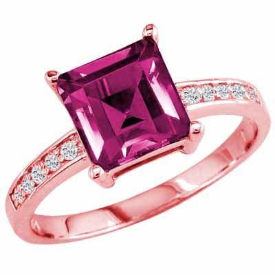 14K Rose Gold Square Created Pink Sapphire and Round Diamond Ring