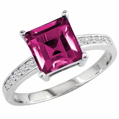 Platinum Square Created Pink Sapphire and Round Diamond Ring