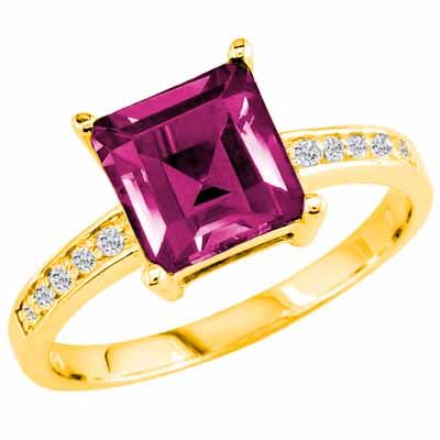 14K Yellow Gold Square Created Pink Topaz and Round Diamond Ring
