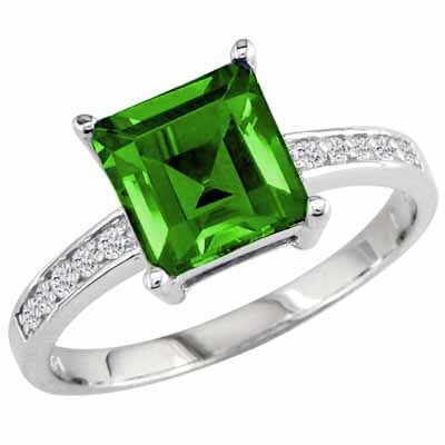 Platinum Square Peridot and Round Diamond Ring