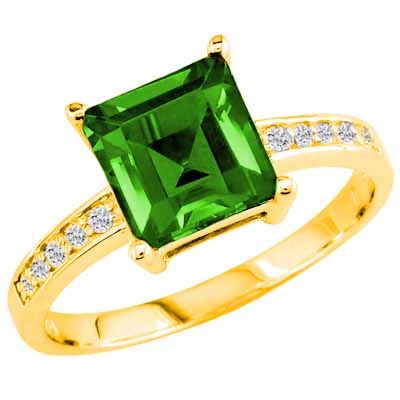 18K Yellow Gold Square Peridot and Round Diamond Ring