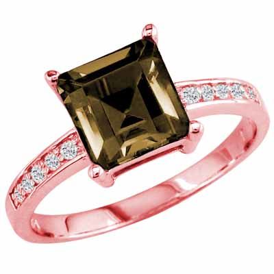 10K Rose Gold Square Smoky Quartz and Round Diamond Ring