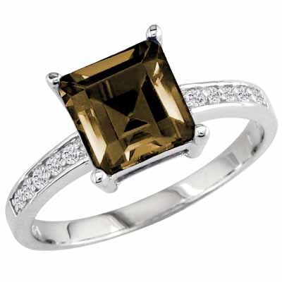 14K White Gold Square Smoky Quartz and Round Diamond Ring