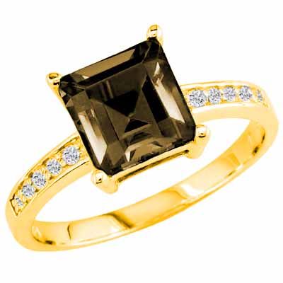 10K Yellow Gold Square Smoky Quartz and Round Diamond Ring