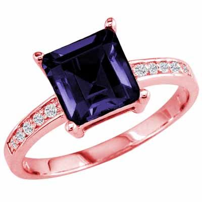 14K Rose Gold Square Created Blue Sapphire and Round Diamond Ring